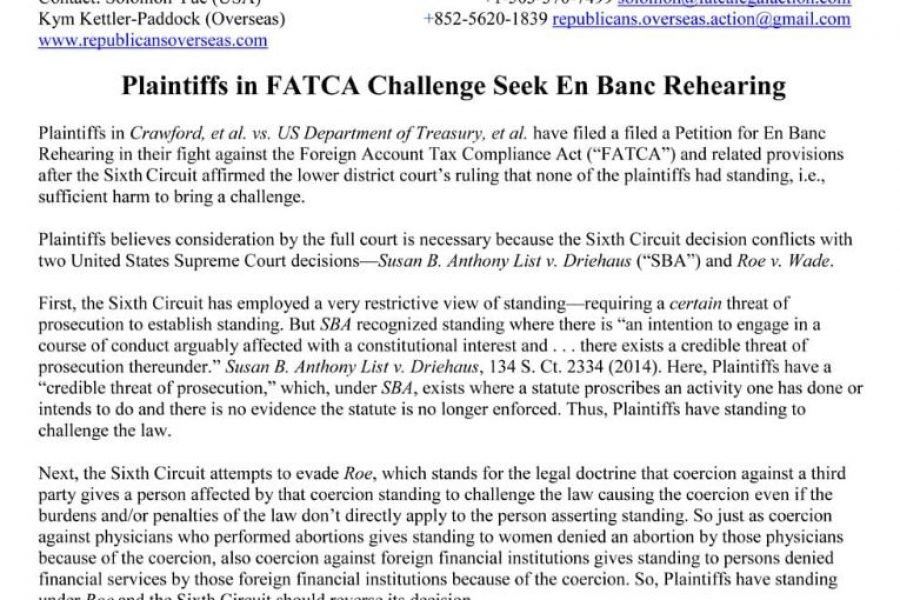 Plaintiffs in FATCA Challenge Seek En Banc Rehearing